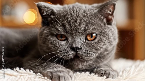Close up view of domestic cat with soft grey fur and amber eyes on a fluffy surface with bokeh background