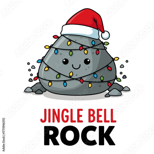 Jingle Bell Rock – Cute Cartoon Rock Wearing Santa Hat Wrapped in Christmas Lights Pun Illustration