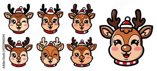 Reindeer Faces Set – Cute Cartoon Deer Heads with Christmas Accessories Vector Icons Collection