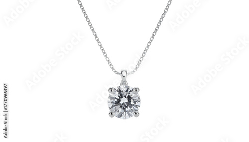 Elegant, silver necklace with a round, brilliant-cut diamond pendant against a stark black background