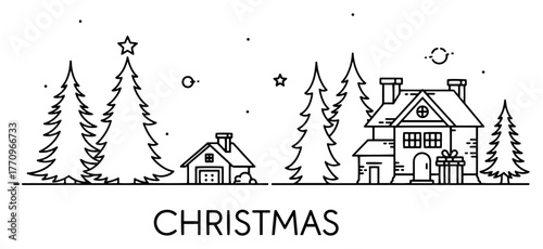Minimal Christmas Village Line Art – Cozy Houses, Pine Trees and Snowy Night