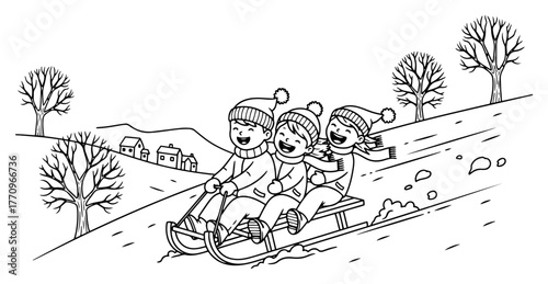 Kids Sledding Down Winter Hill – Fun Cartoon Children on Toboggan Line‑Art Illustration