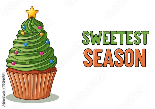 Sweetest Season – Christmas Cupcake Frosted like Tree with Star and Sprinkles