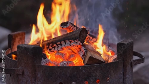 Burning fire with flames and firewood in a metal container outdoor with smoke and hot embers