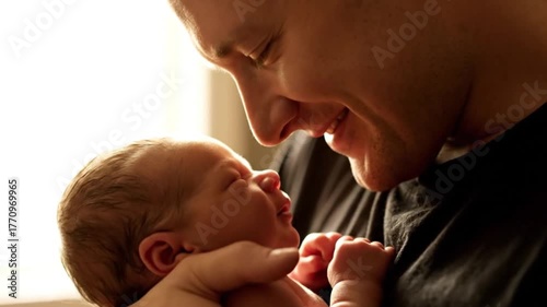 Father Holding Newborn Skin-to-Skin in Morning Light with Cinematic Focus