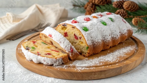 Fototapeta Naklejka Na Ścianę i Meble -  Mouthwatering photograph of a sliced German Christmas Stollen bread covered in powdered sugar and colorful candied fruits on a wooden board.