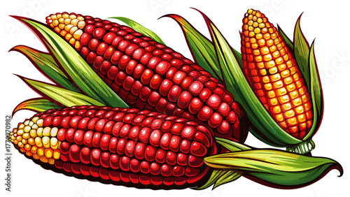 Very beautiful ripe red corn cobs isolated on a white background, vibrant and fresh, highlighting glossy kernels, natural texture, and colorful contrast, perfect for culinary or agricultural design.