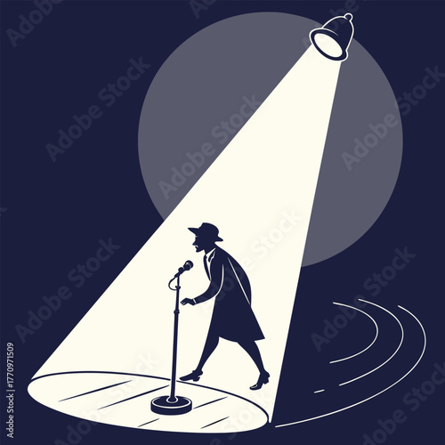 Silhouette of a singer performing under a spotlight