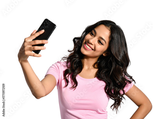 Smiling Person Taking Selfie with Smartphone, Side Angle, Isolated on White Background