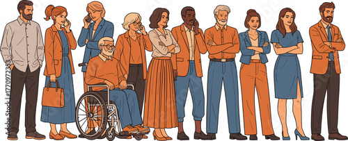 Inclusive Group Portrait of Diverse Adults in Varied Attire and Postures Highlighting Fashion, Age, Accessibility, and Social Representation Themes
