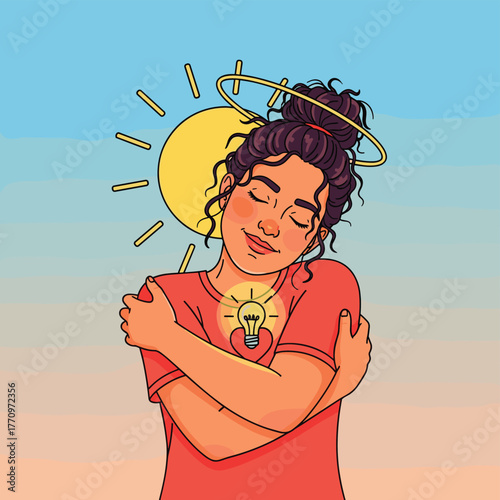 Radiant Self-Love Illustration Featuring Inner Light, Peaceful Expression, and Symbolic Sun Imagery Celebrating Emotional Wellness and Personal Enlightenment