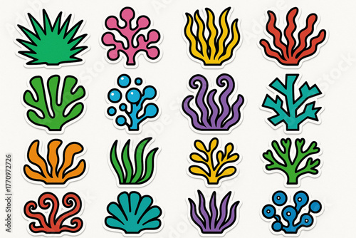 Bright coral and seaweed illustrations with black outlines in sticker style