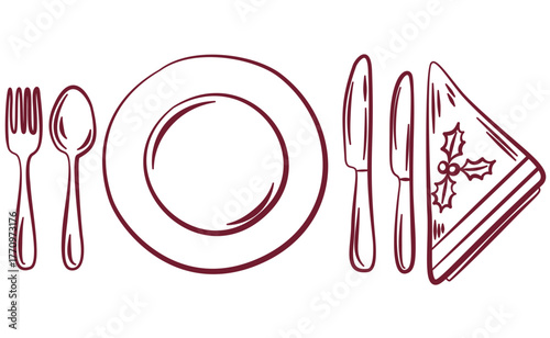 Set for dinner red hand drawn plate, fork, spoon, knife and Christmas napkin, vintage elegant line art illustration. Red vintage line art Christmas dinner.
