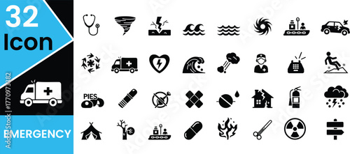 Collection of 32 emergency and disaster icons representing various natural and man made crises and rescue services