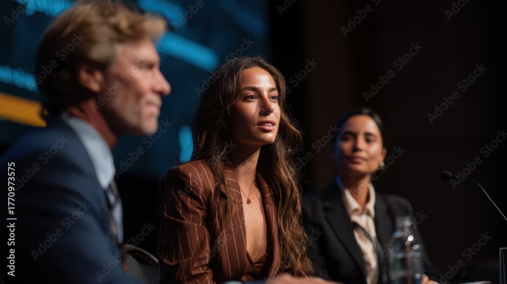 Fototapeta premium Focused woman speaking during a professional conference panel with colleagues beside her, representing leadership, communication, and business collaboration in a corporate environment