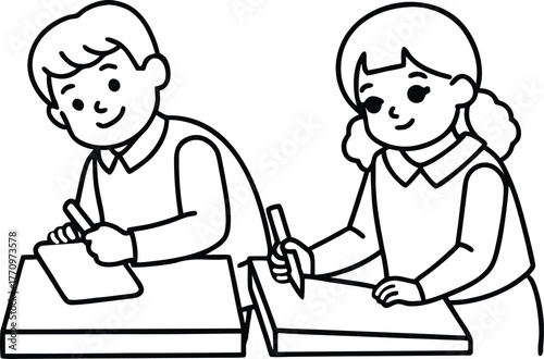 Minimal Black Line Illustration of Two Students Doing Hands-On Classroom Activity, Clean Outline Vector, No Shading, White Background