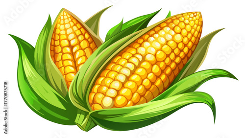 Very beautiful composition of two ears of fresh yellow corn on the cob isolated on a transparent background, vibrant and natural, highlighting glossy kernels, texture, and farm-fresh appeal.