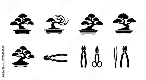 Elegant bonsai trees and essential shaping tools for serene garden art and mindful cultivation