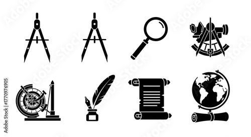 Explore history with vintage navigation tools, compass, quill, and globe icons