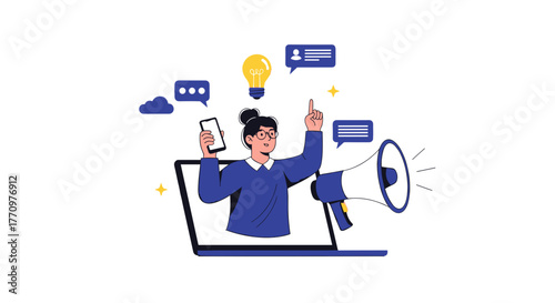 Dynamic woman leading marketing campaign with megaphone and ideas, inspiring team success