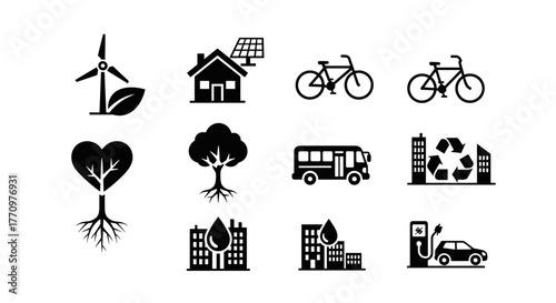Eco-friendly urban icons for sustainable city living and green initiatives