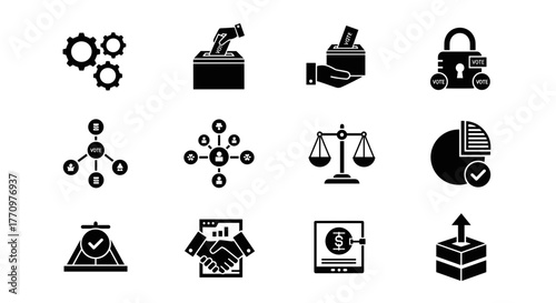 Modern business icons representing strategy, finance, legal, and security concepts