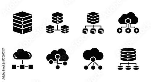 Modern data storage and cloud network icons for technology and business presentations