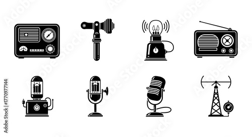 Vintage technology icons radio microphone lamp antenna signal broadcasting communication