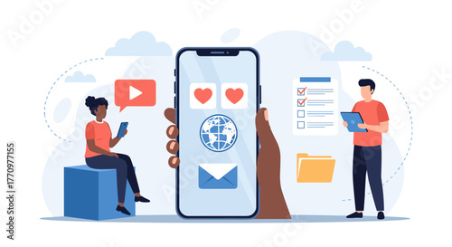 Modern digital communication and social media engagement with people using smartphones