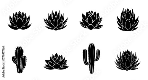 Stunning black silhouette collection of desert succulents and cacti for modern design projects.
