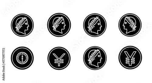 Collection of diverse currency symbols and profile icons for financial concepts