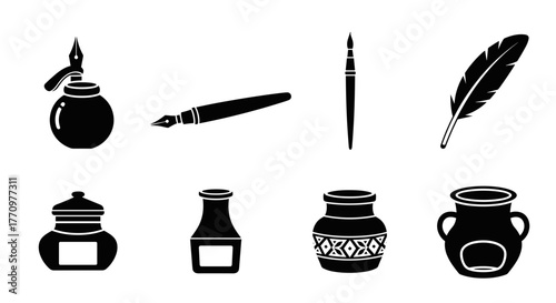 Vintage writing tools inkwells and feather quill set classic stationery elements