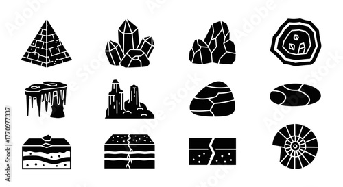 Geology icons set diverse natural formations and minerals for educational science resources