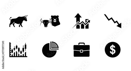 Dynamic financial icons bull bear market charts briefcase and dollar for trading success