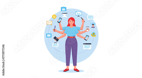 Multitasking businesswoman expertly juggling tasks with multiple hands and devices
