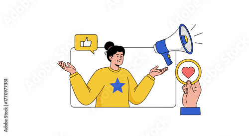 Dynamic marketer promoting engagement with megaphone and heart symbol for social media success