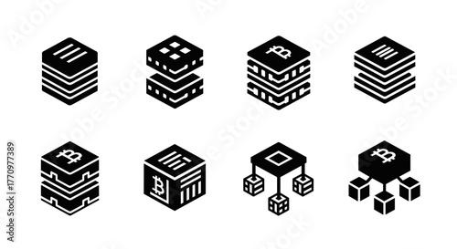 Modern blockchain technology icons showing secure digital asset management and cryptocurrency