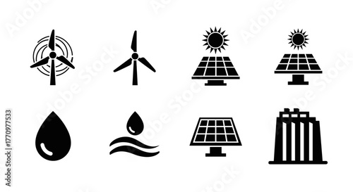 Modern renewable energy icons power innovation and sustainability in clean technology concepts