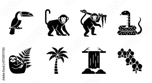 Vibrant jungle icons capture exotic wildlife and lush rainforest elements for dynamic designs
