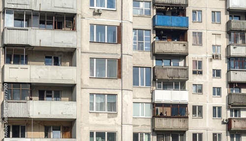 Weathered Concrete Apartment Building Facade with Balconies