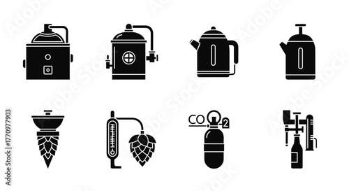 Modern brewing equipment icons for craft beer making and beverage industry professionals