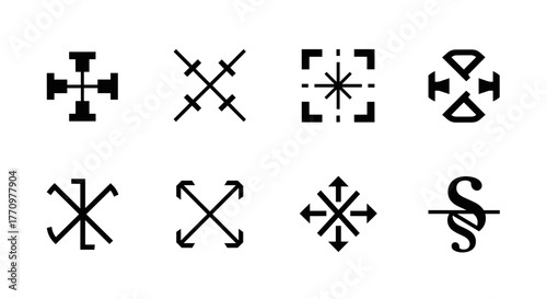 Modern minimalist icons for navigation, targets, and symbols in graphic design