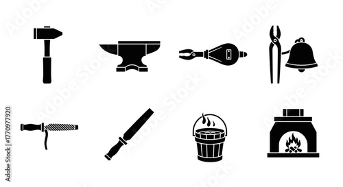 Blacksmithing tools and equipment collection for industrial craft and metalwork projects