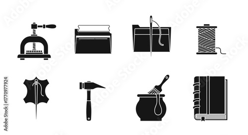 Crafting tools for leatherwork and bookbinding, skilled artisan's essential kit