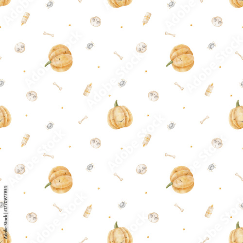 Pattern of chaotic flying pumpkins, spiders, skulls, bones, candles. Hand-drawn watercolor illustration in childish Halloween style. Seamless print isolated background for textiles, fabrics, clothing