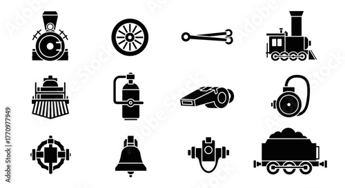 Retro train icons and industrial parts for vintage transport or manufacturing themes