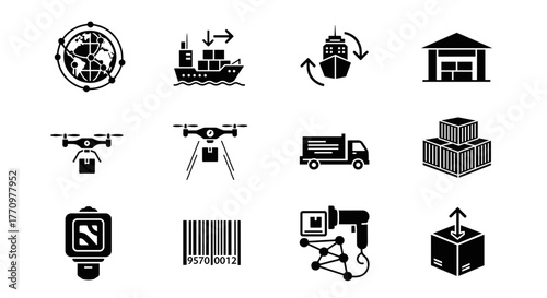 Global logistics and shipping icons showcasing modern supply chain solutions and delivery methods