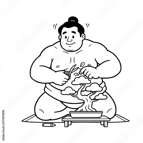 Sumo wrestler tending bonsai tree, simple peaceful coloring page for toddlers generative ai 