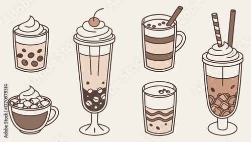 Hand drawn collection of sweet desserts and refreshing drinks in clear glasses and cups