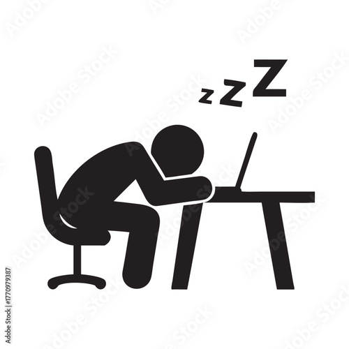 Tired stick figure sleeping at desk with laptop overworked burnout workaholic